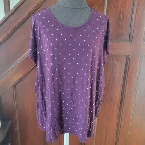 Roamans Purple Rhinestone Polka Dot Short Sleeve Womens Top 1X Cotton Blend
